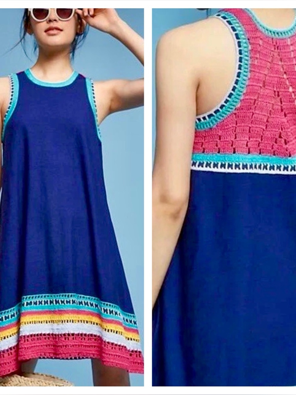Sz M Anthropologie Akeni + Kim Blue Racerback Colorful Crochet Dress